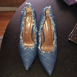 Denim pointed toe heels with tan crisscross stichi